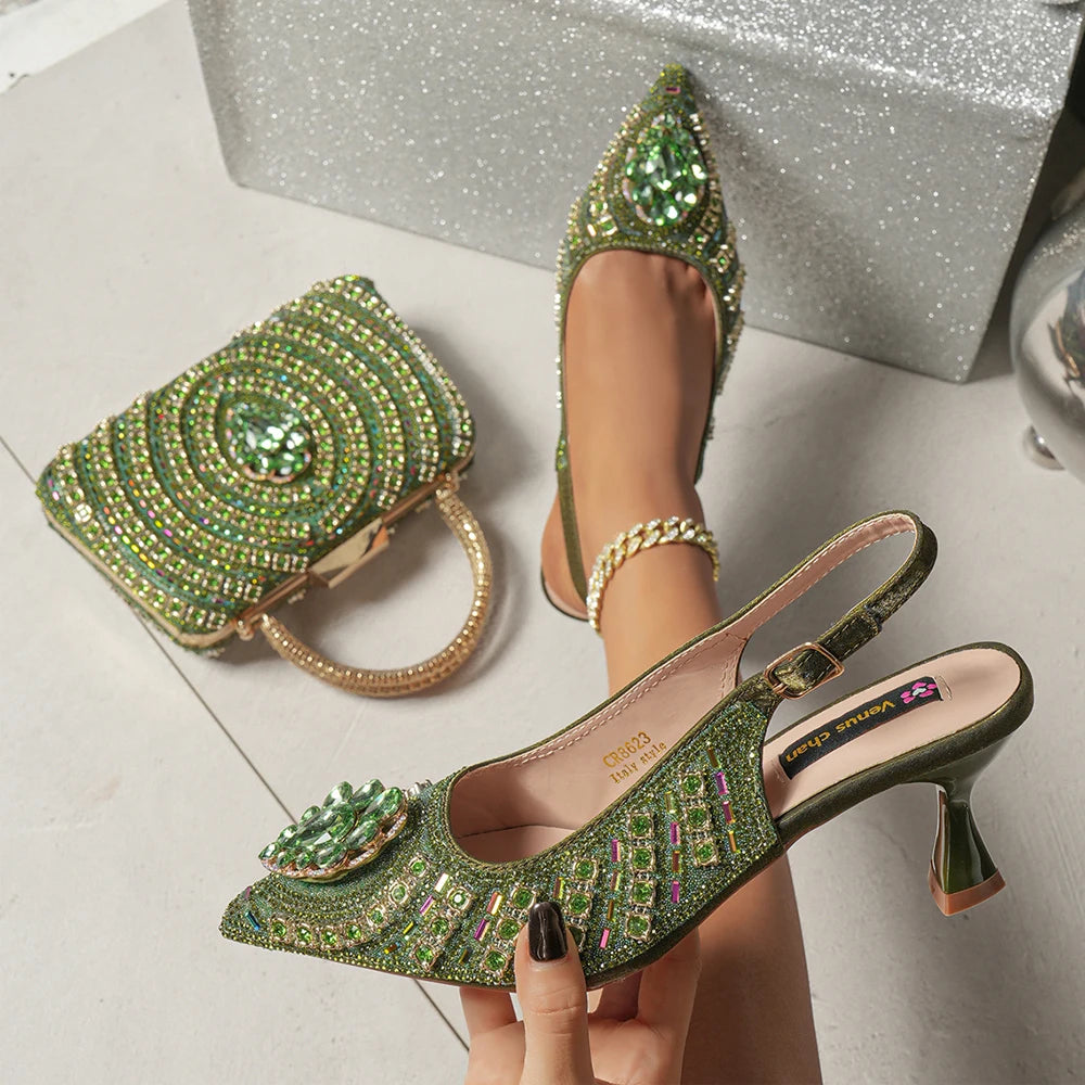 New Arrival Fashion Rhinestone Design Dreamy Color Pointed Toe Women High Heels and Bag Set For Party Wedding or Work