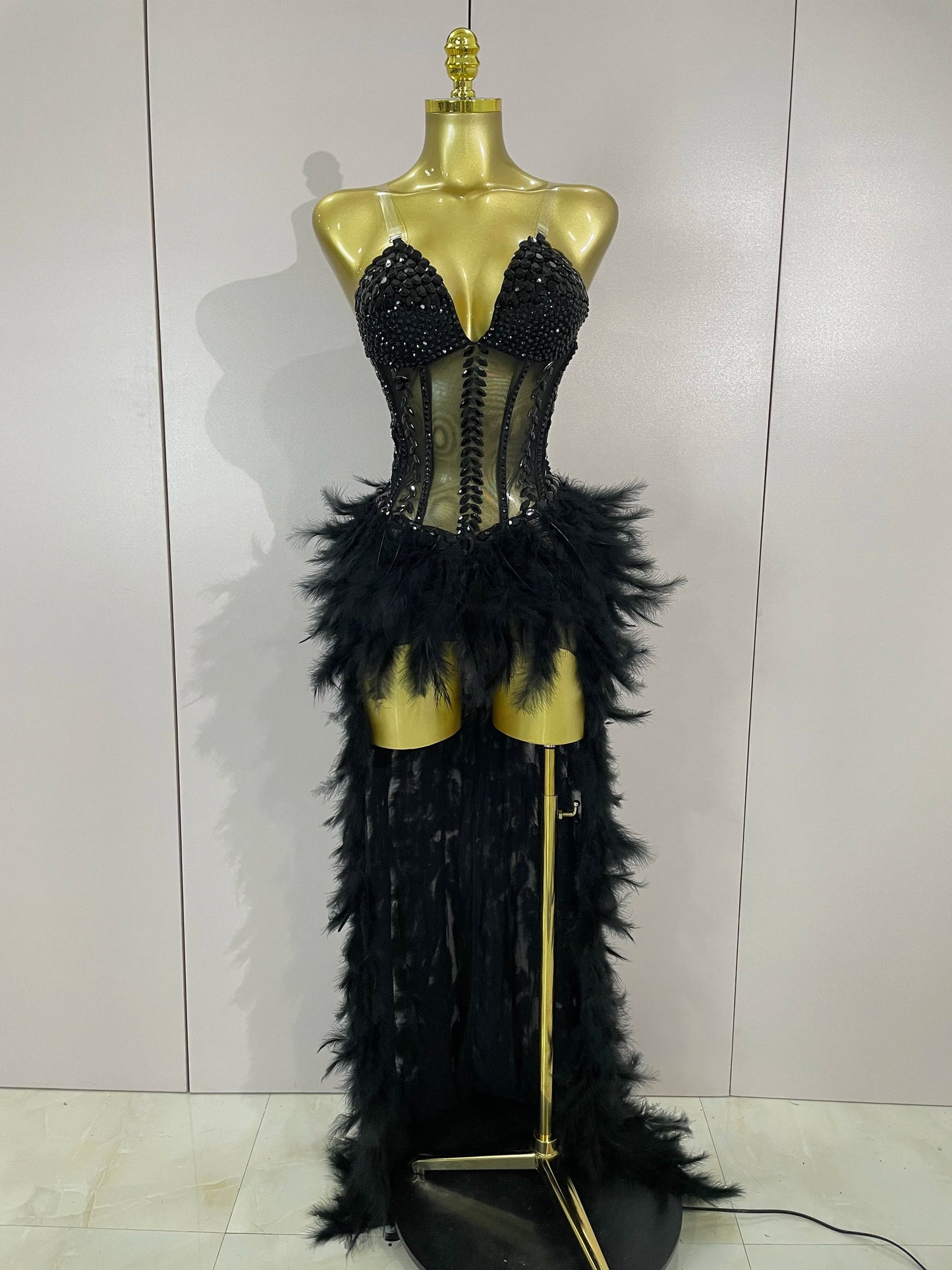 Luxury Sparkly Rhinestones Feathers Long Tail Dress Sexy Mesh Transparent Stage Bodysuit Evening Party Celebrate Birthday Dress