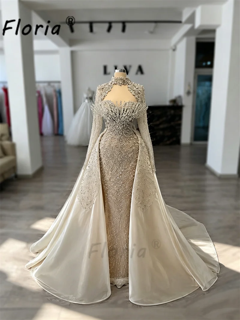 Luxury Dubai Champagne Mermaid Evening Dress with Detachable Train Heavy Beads Crystal Tassel Wedding Party Gown Vestidos gala