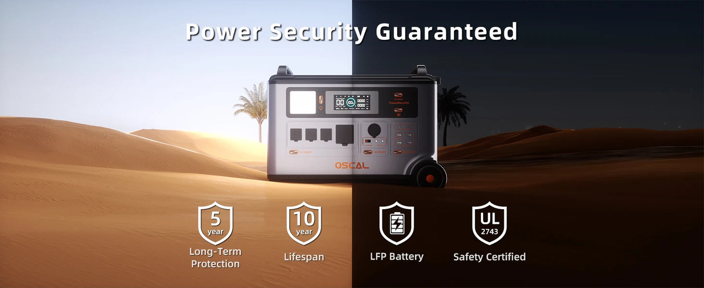 OSCAL PowerMax6000 Solar Generator (Compatible with Battery Packs/Solar Panels) 120V/240V Portable Power Station 6000W AC Output (9000W Peak), 2200W AC Charging, 2400W Solar Charging, App Control, Ideal for Home Emergencies a