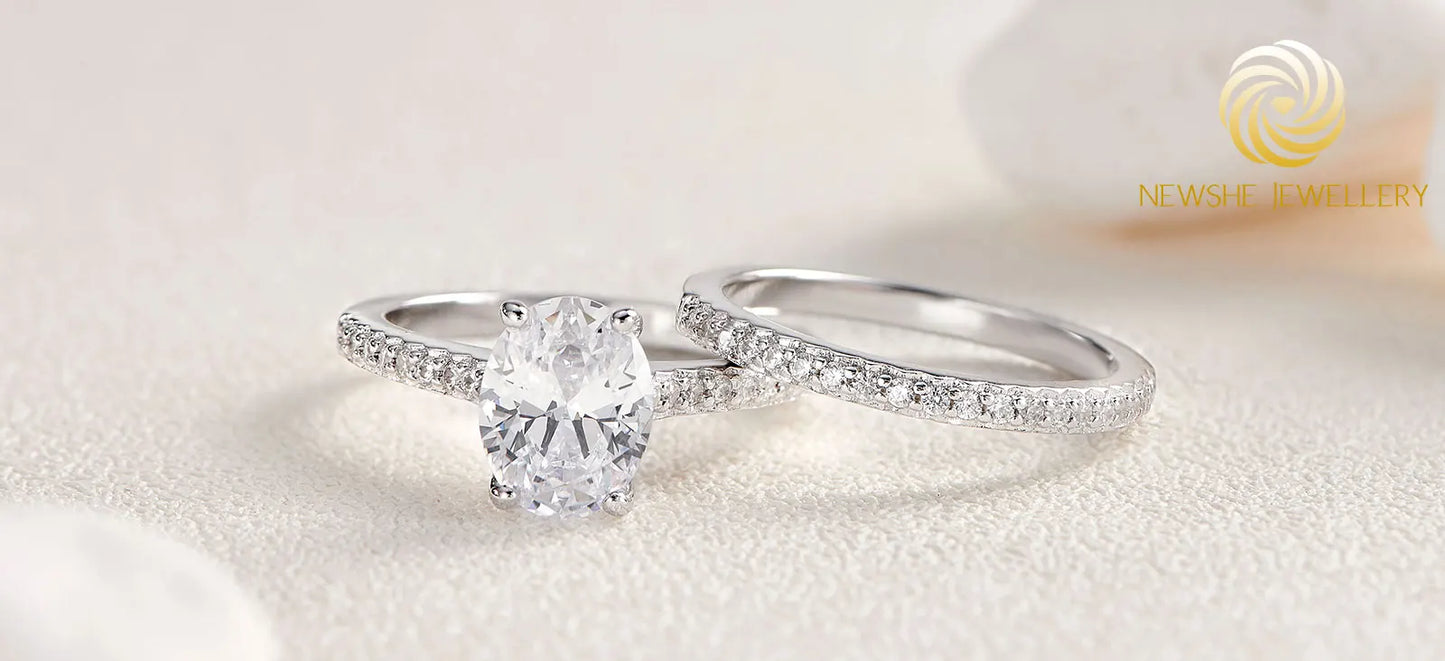 Newshe 2 Pieces 925 Sterling Silver Engagement Rings Set 1.9Ct Oval Shape AAAAA Zircon Jewelry Eternity Wedding Band BR0943