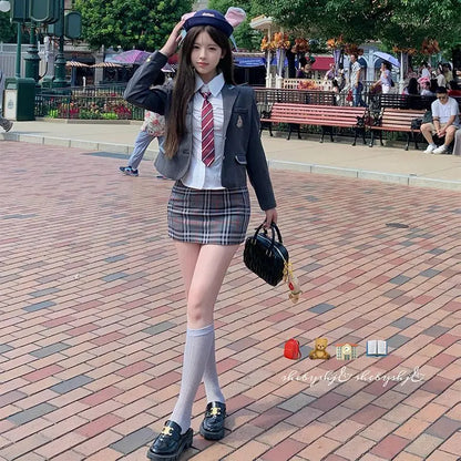 Korean and Japanese JK Uniform Suits for Women Autumn and Winter New Style College Plaid Skirt Short Small Suit Waist Shirt Suit
