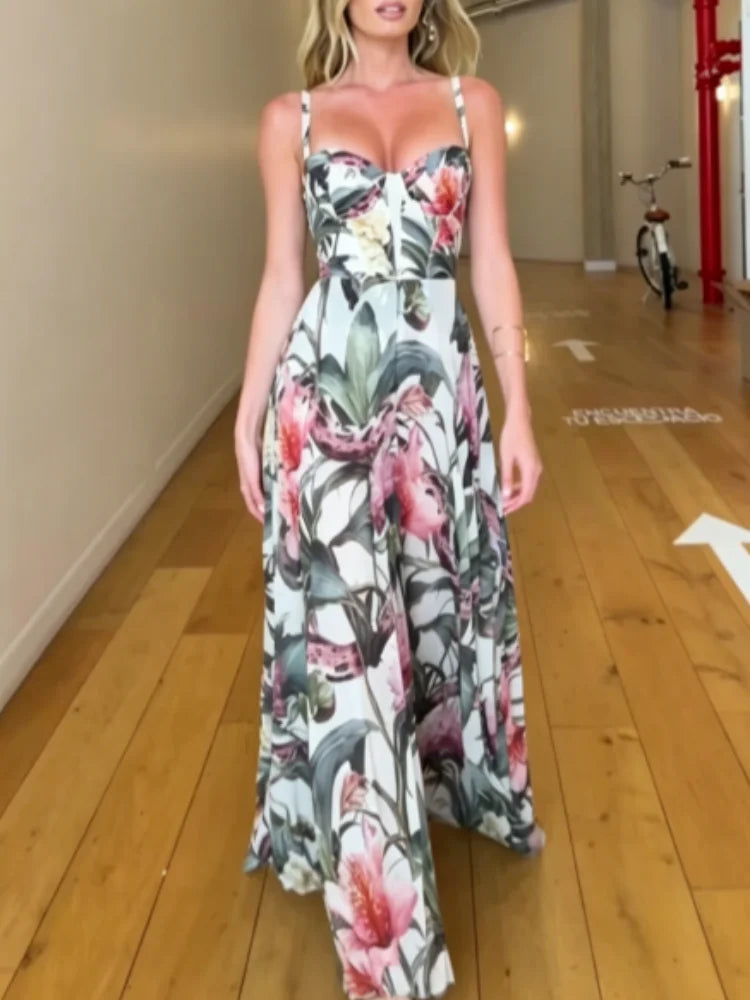 Women's Vacation Maxi Dress Sexy Floral Print Sweetheart Neck Sleeveless Evening Gowns Back Tie Up Robes New Summer Lady Dresses
