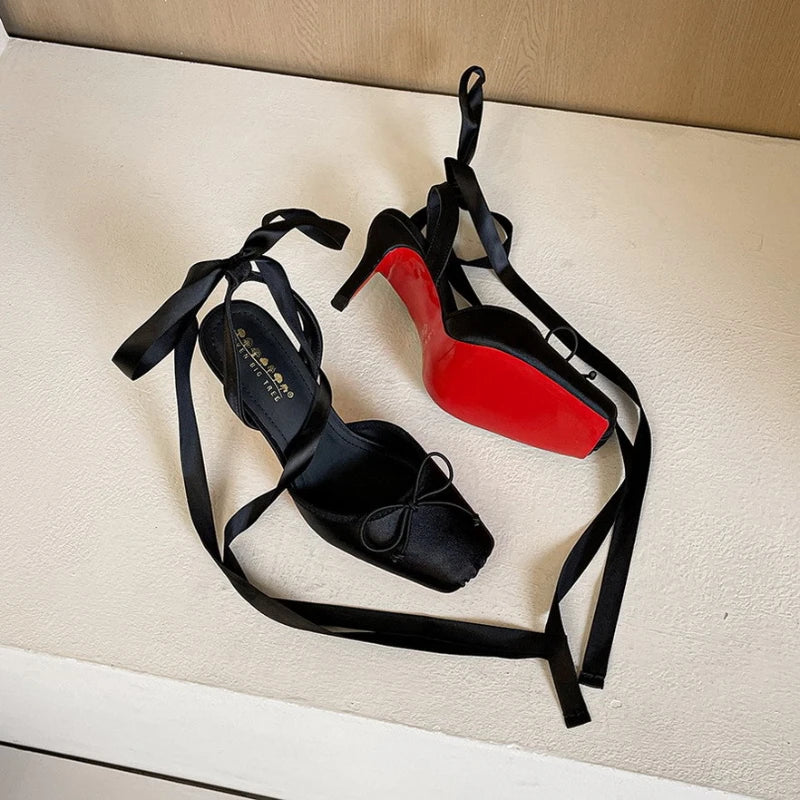 French Ballet Style Satin Closed Toe Mary Jane Pumps Lace Upper Multi-Layer Bow Cross Ankle Strap Thin Stiletto Elegant Wedding