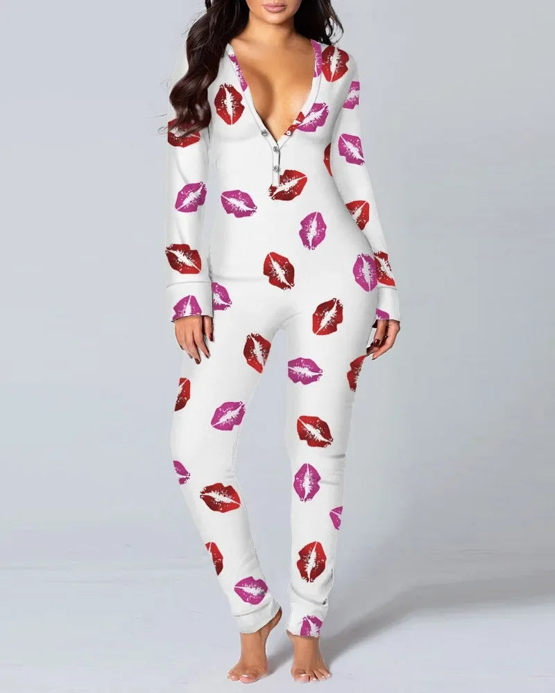 New Women Pajamas Sexy V-neck Jumpsuit Plaid Casual Long Sleeve Pyjama Button-down Front Functional Buttoned Flap Sleepwear