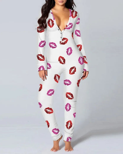New Women Pajamas Sexy V-neck Jumpsuit Plaid Casual Long Sleeve Pyjama Button-down Front Functional Buttoned Flap Sleepwear