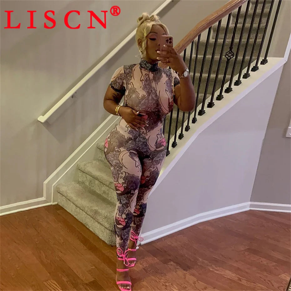10 Wholesale Items Jumpsuits Women Summer 2025 Short Sleeve Bodycon Sexy Y2k Printing Mesh See Through Backless Rompers K15151
