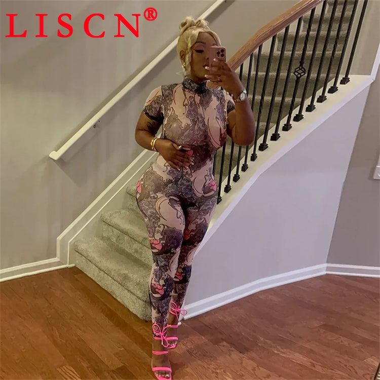 10 Wholesale Items Jumpsuits Women Summer 2025 Short Sleeve Bodycon Sexy Y2k Printing Mesh See Through Backless Rompers K15151