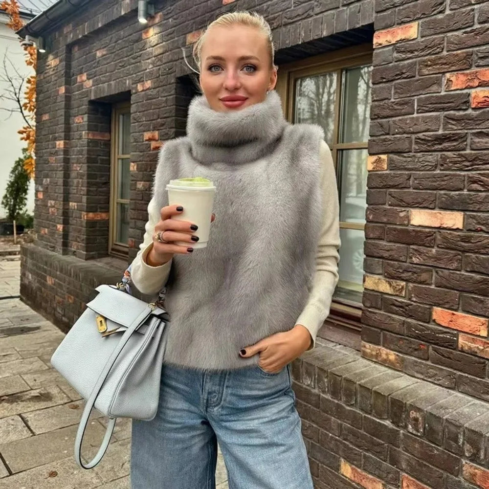 Trendy Outerwear Eco Mink Fur Turtleneck Tank Tops Fluffy High Collar Crop Top Thicken Layering Piece Sable Vest Women's Apparel
