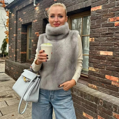 Trendy Outerwear Eco Mink Fur Turtleneck Tank Tops Fluffy High Collar Crop Top Thicken Layering Piece Sable Vest Women's Apparel