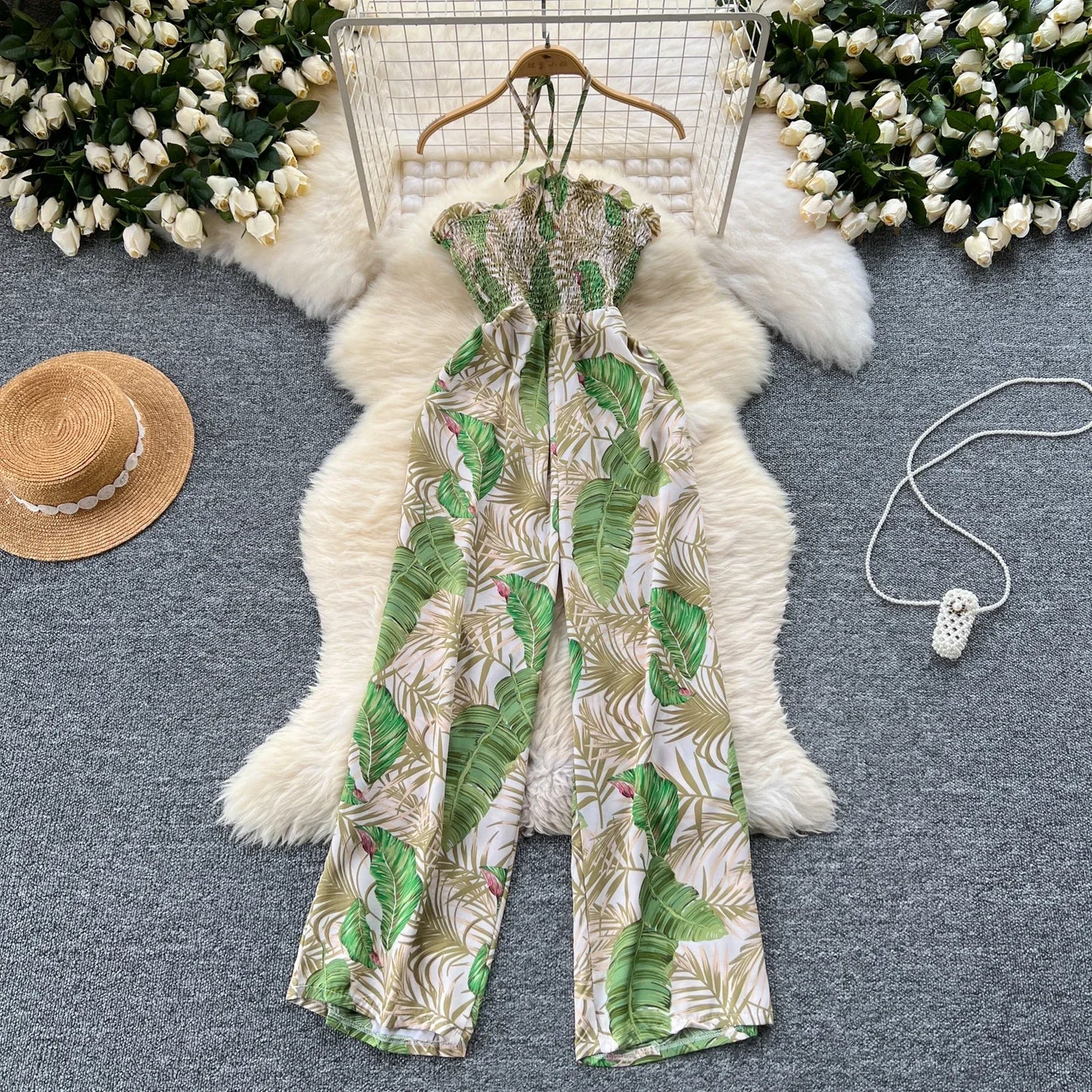 2024 New Summer Sexy Bohemian Leaf Print Jumpsuits Women Sleeveless Sexy Long Jumpsuit Mujer Casual Holiday Beach Rompers