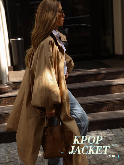 Women's Brown Stand Up Collar Long Long Trench Coat  Lantern Sleeve Side Slit Loose Windbreaker 2026 Spring Autumn Fashion Coat