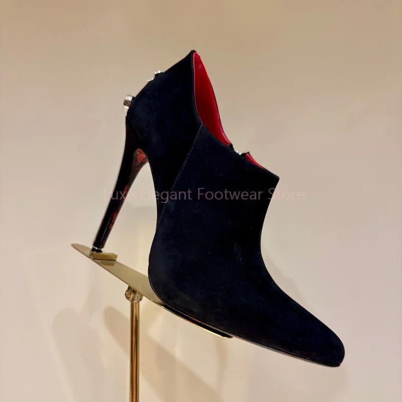 Black Suede Sword Shaped Pointed Stiletto Pumps Women Sliver Decor Side Zipper Shallow Ankle Boots Sexy Fashion Party Dress Shoe