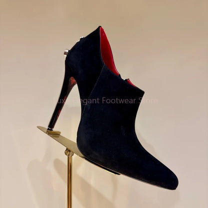 Black Suede Sword Shaped Pointed Stiletto Pumps Women Sliver Decor Side Zipper Shallow Ankle Boots Sexy Fashion Party Dress Shoe
