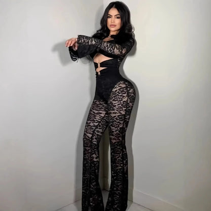 Sexy Deep V Ring Buckle Strap Flared Sleeve Bodycon Jumpsuits for Party Evening Dress