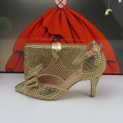 Champagne Golden Pearl Bridal Wedding shoes with matching bags woman Open Toe party dress shoes Platform shoes and bag