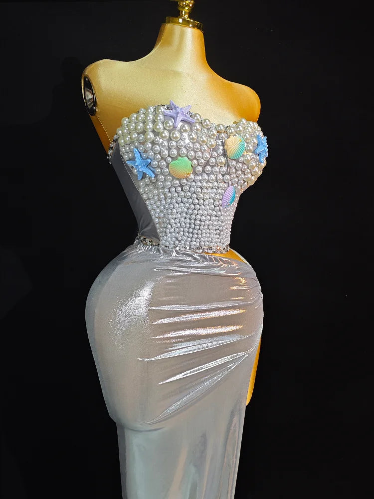 Woman Performance Suit Sexy Pink Backless Strapless Rhinestones Dress Event Costume Dancewear Top And Skirt Birthday Drag Club