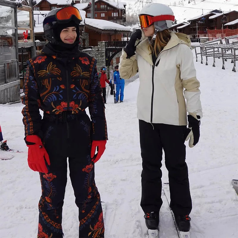 Women's Skiwear Printed With Belt Jumpsuits Winter Female Stand Collar Long Sleeve Zipper Slim Jumpsuit New Ladies Ski Sportwear