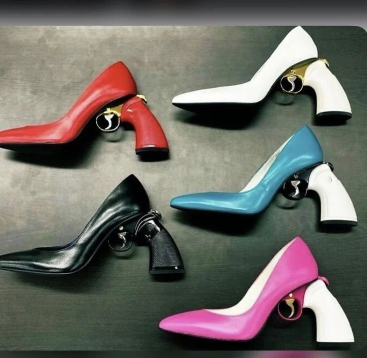 Doodle PU Leather Pointed Toe Women Pumps Shoes Strange Style High Heels Slip On Design Large Size Punk Shallow Shoes