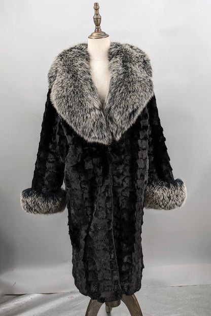 long mink fur black coat with big furry fox fur collar and cuffs overcoat length 95 cm 241205
