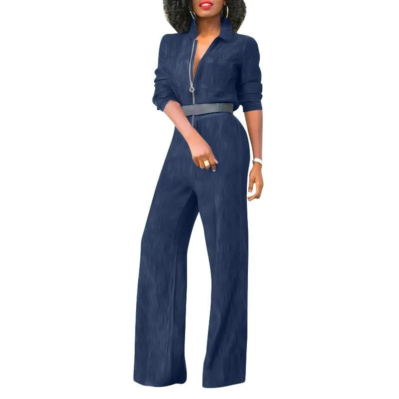 2024 Spring New Women's Jumpsuit Street Style Retro Washed Denim Fabric Lapel Half Open Long Sleeved Women's Jumpsuit