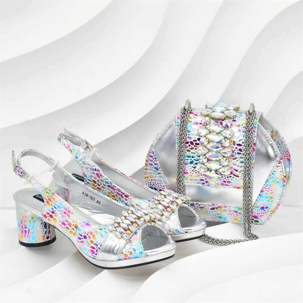 2025 Rhinestone Design INS Hot Sale New Arrivals African Shoes and Bag Set in Silver Color Open Toe Comfortable Women Heels