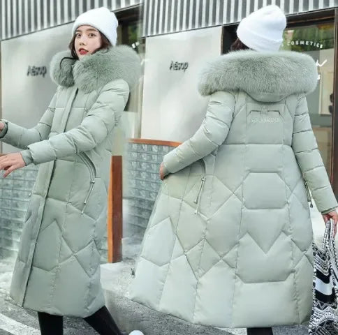 New Women's Winter Jacket 2026 Mid-length Fashion Slim Over Knee Fur Collar Thick Cotton Coat Elegant Gray Parka Woman Clothing