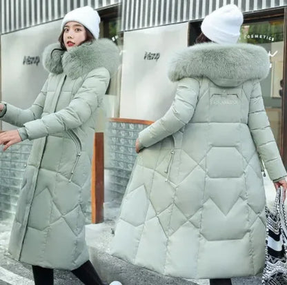 New Women's Winter Jacket 2026 Mid-length Fashion Slim Over Knee Fur Collar Thick Cotton Coat Elegant Gray Parka Woman Clothing