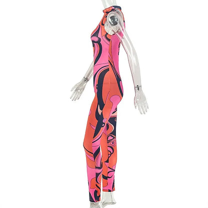 Women's Zipper Halter Sleeveless Waistband Hips Wrapped Bodycon Jumpsuits