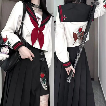 Dark Japanese Bad JK Uniform Long-sleeved Girl Orthodox Sailor Suit Role Play Handsome Long Skirt School Uniform Embroidery