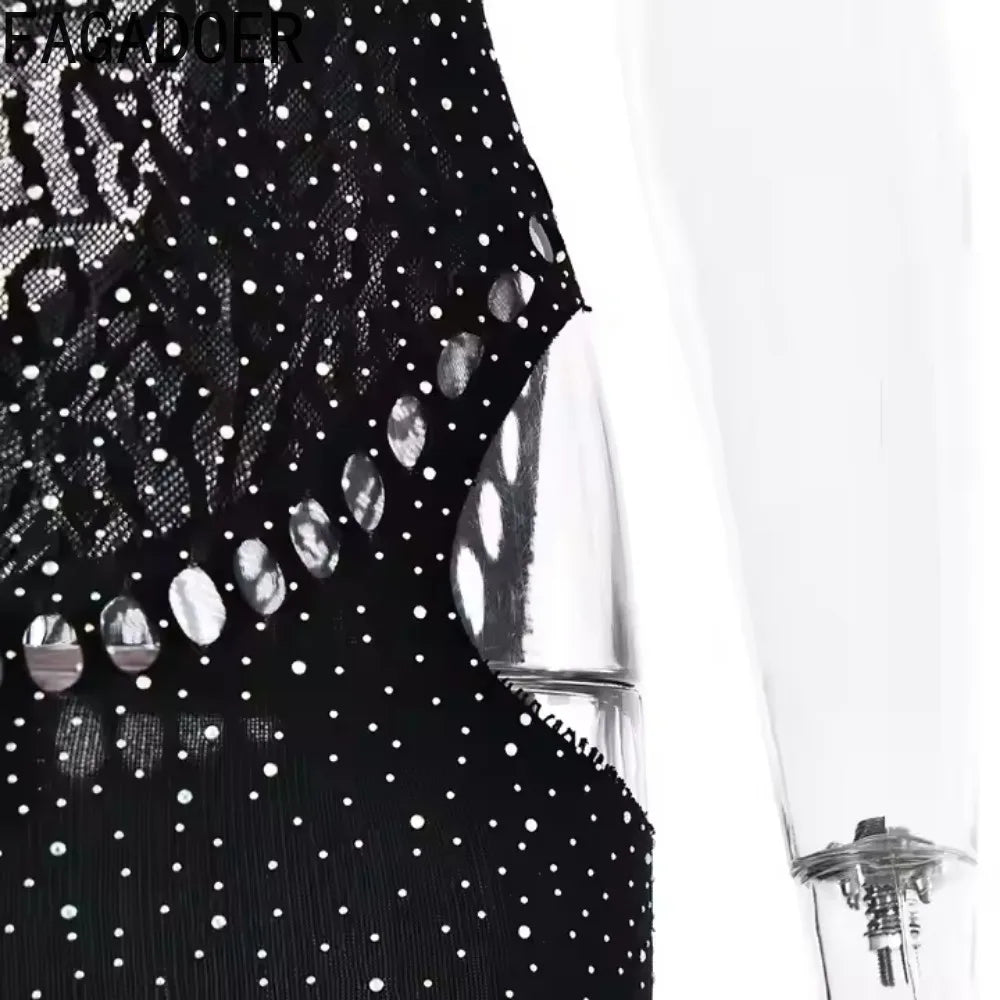 FAGADOER Spring Summer New Sexy Jumpsuits Women See Through Hollow Out Rhinestone Patchwork Rompers Female Streetwear Overalls