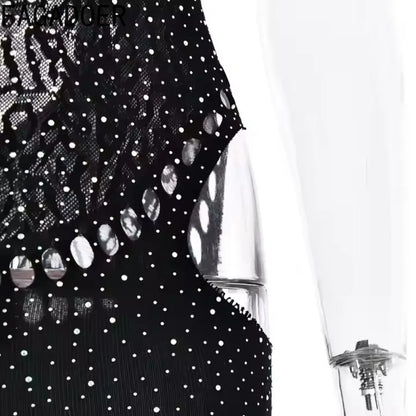 FAGADOER Spring Summer New Sexy Jumpsuits Women See Through Hollow Out Rhinestone Patchwork Rompers Female Streetwear Overalls