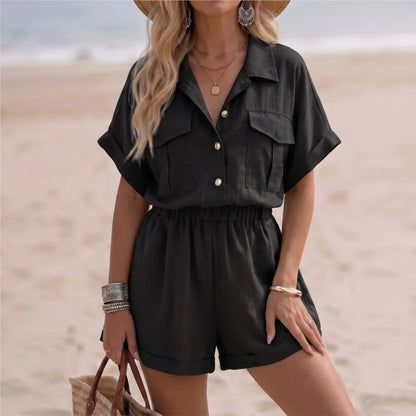 Summer New Casual Lapel Short-sleeved Jumpsuit Women's Fashion Pocket Wide-leg Shorts Female Sports Resort Rompers Shorts 2026