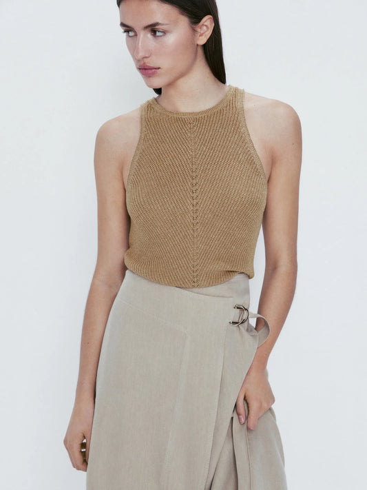Ethereal Traf Md 2026 YAZHIMEI summer new style of Women's casual standard brown crew-neck knitted rib vest