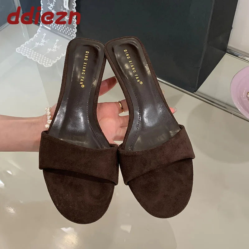 Flock Fashion Round Toe Women Wedges Slippers Sandals Shoes Luxury Female Slides Footwear Sexy Ladies Heeled Slippers Shoes