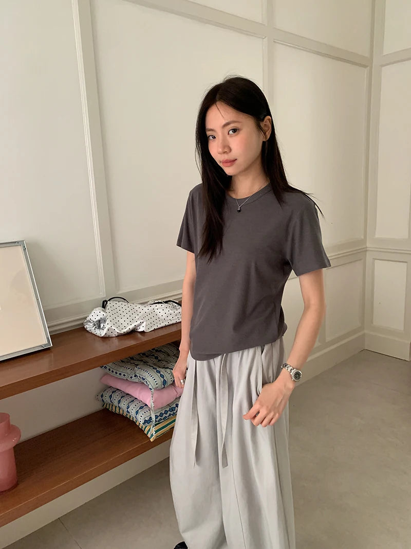 RZIV Summer women's casual solid color round neck short sleeved T-shirt