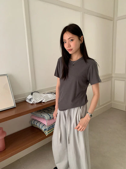 RZIV Summer women's casual solid color round neck short sleeved T-shirt