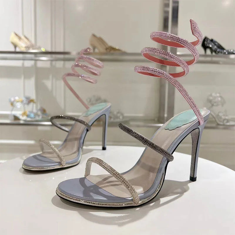 Summer Crystal Gladiator Sandals Women Rhinestone Twine Around Ankle Snake Wedding Shoes High Heels Sandals Woman