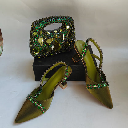 Insightlink Olive Green Rhinestone Chain Pointed Toe Heels Sparkly Crystal Ankle Strap Pumps Luxury Wedding Evening Shoes