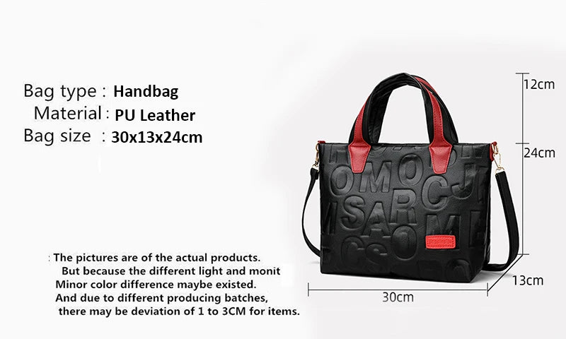 New Women's Large Capacity Contrast Color Handbag PU Leather Letter Embossed Ladies Shoulder Bag Designer Crossbody Bag