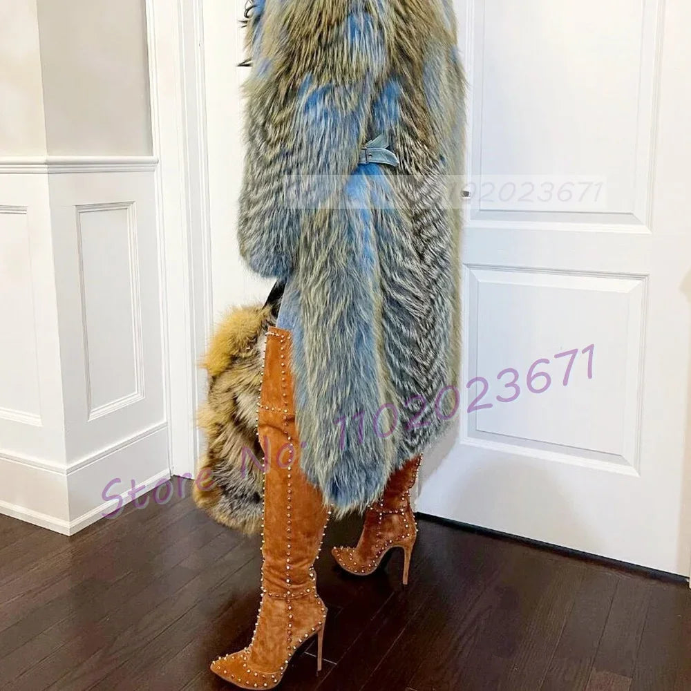Sparkling Studded Thigh High Boots Women Sexy Metal Rivets Pointy High Heels Suede Leather Shoes Ladies Winter Fashion Boots