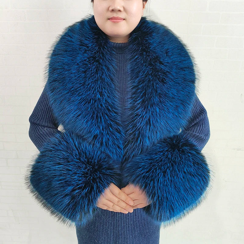 Large Women Faux Fox Fur Scarf Winter Jackets Warm Fluffy Shawl Fashion Artificial Fur Collar And Cuff Set Fluffy Scarves Female
