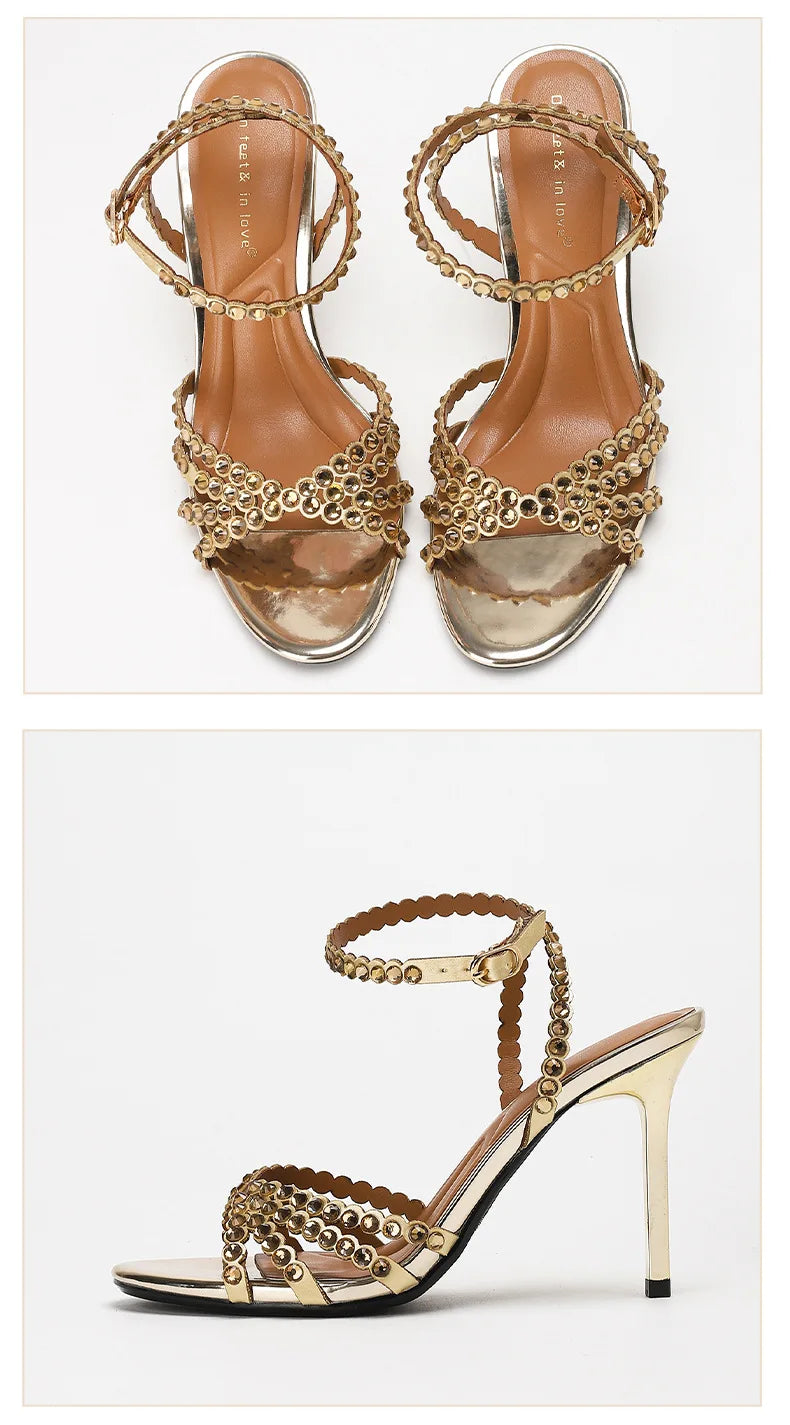 Luxury Crystal Cross Tied High Heel Sandals Women Sexy Open-toe Ankle Strap Buckle Stiletto Sandals Elegant Banquet Dress Shoes