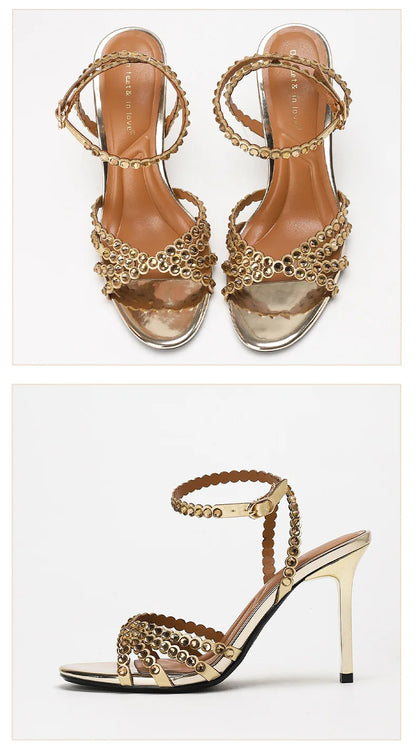 Luxury Crystal Cross Tied High Heel Sandals Women Sexy Open-toe Ankle Strap Buckle Stiletto Sandals Elegant Banquet Dress Shoes