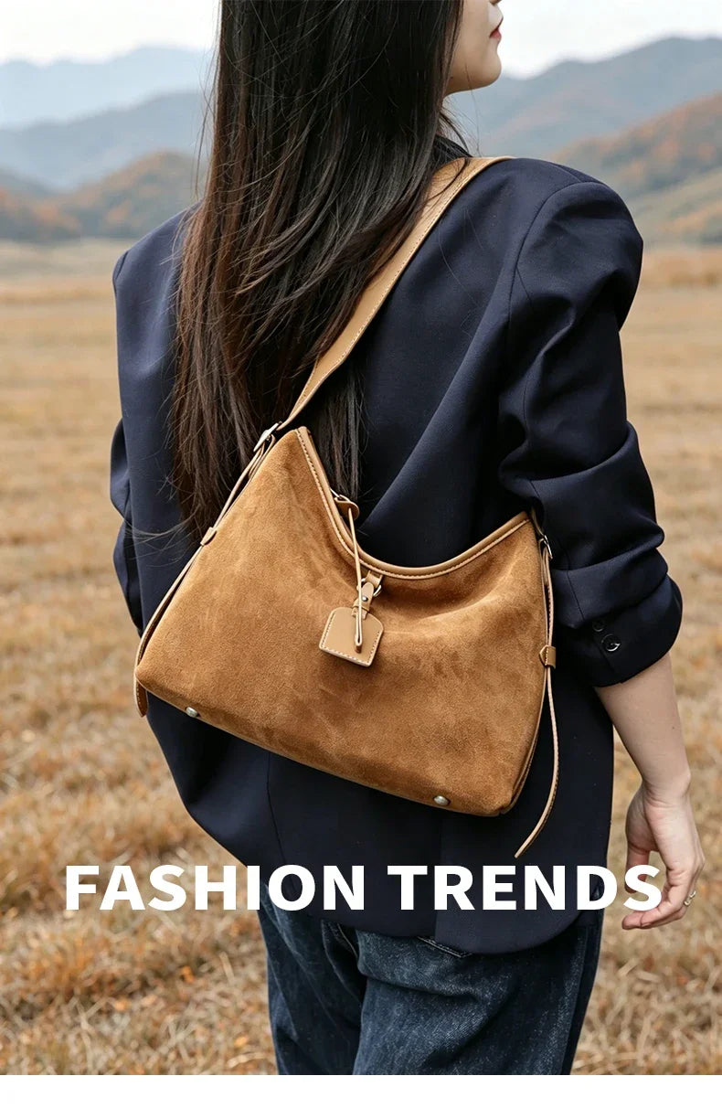 Winter Women's Natural Suede Leather Classic Underarm Bag Female Soft Cowhide Durable Handbags Ladies Luxury Designer Bags