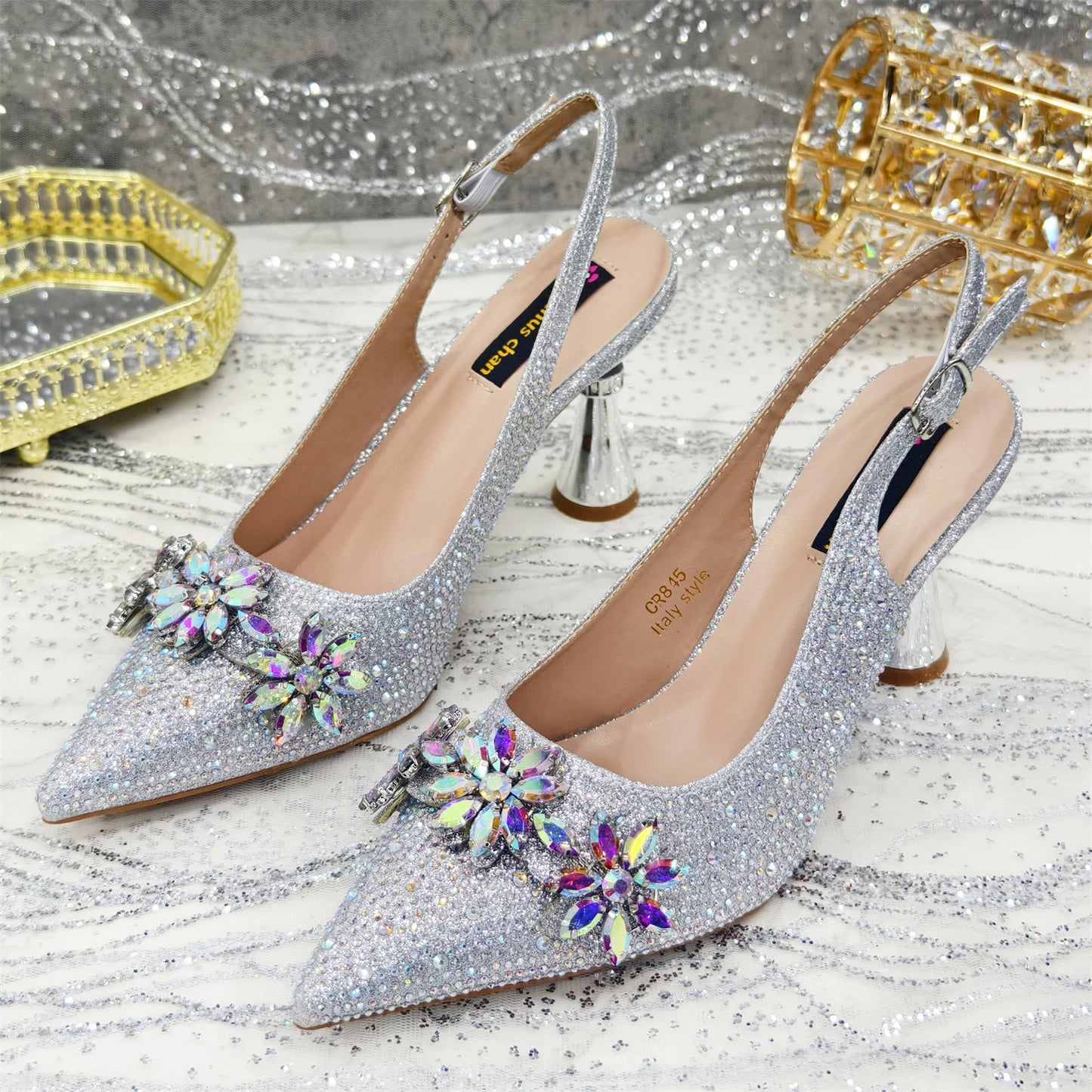 Venus Chan Olive-Green Pointed-Toe Women's High Heels Shoes and Bags for Party Rhinestone Evening Elegant Luxury Handbag
