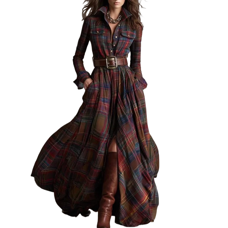 Autumn Vintage Long Sleven Dress for Women Plaid Print Shirt Maxi Dress Vacation Female Elegant Belt Loose Pocket A-line Dresses
