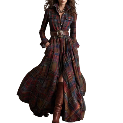 Autumn Vintage Long Sleven Dress for Women Plaid Print Shirt Maxi Dress Vacation Female Elegant Belt Loose Pocket A-line Dresses