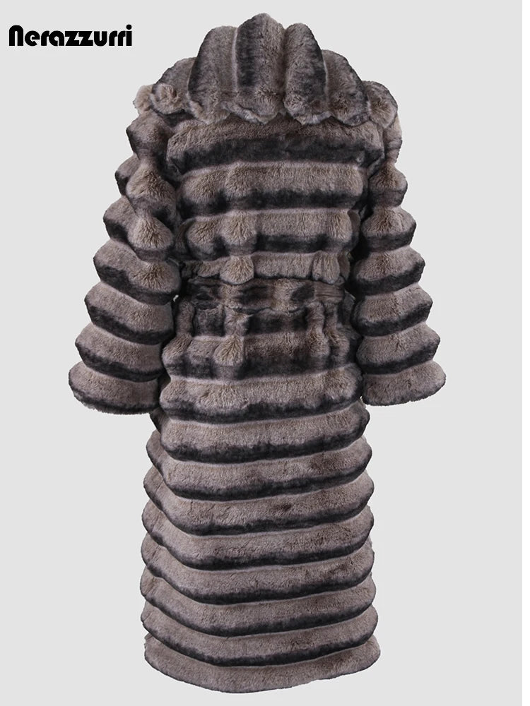 Nerazzurri Winter Extra Long Thick Warm Colorful Soft Striped Fluffy Faux Chinchilla Fur Coat Women Shawl Collar Furry Overcoat