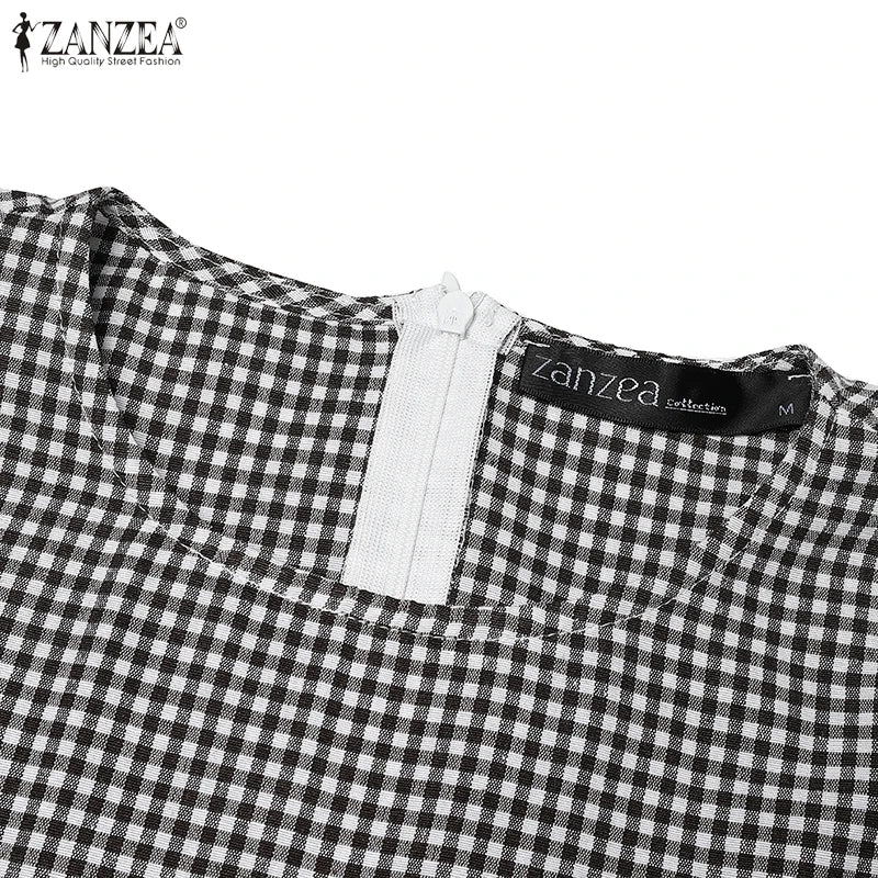 ZANZEA Short Sleeve Checked Wide Leg Overalls Pleated Waist O Neck Loose Casual Gingham Jumpsuits 2024 Fashion Women Long Romper